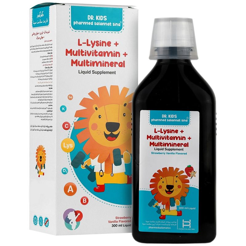 شربت ال لیزین و مولتی ویتامین و مینرال کودکان با طعم توت فرنگی و وانیل دکتر کیدز   وزن 100گرم